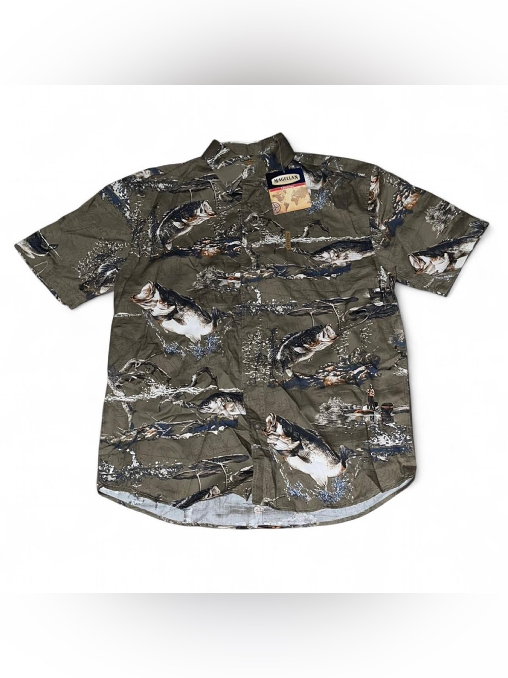 Magellan Sportswear Men's Medium Bass Fishing Graphic Button Down Shirt Brown